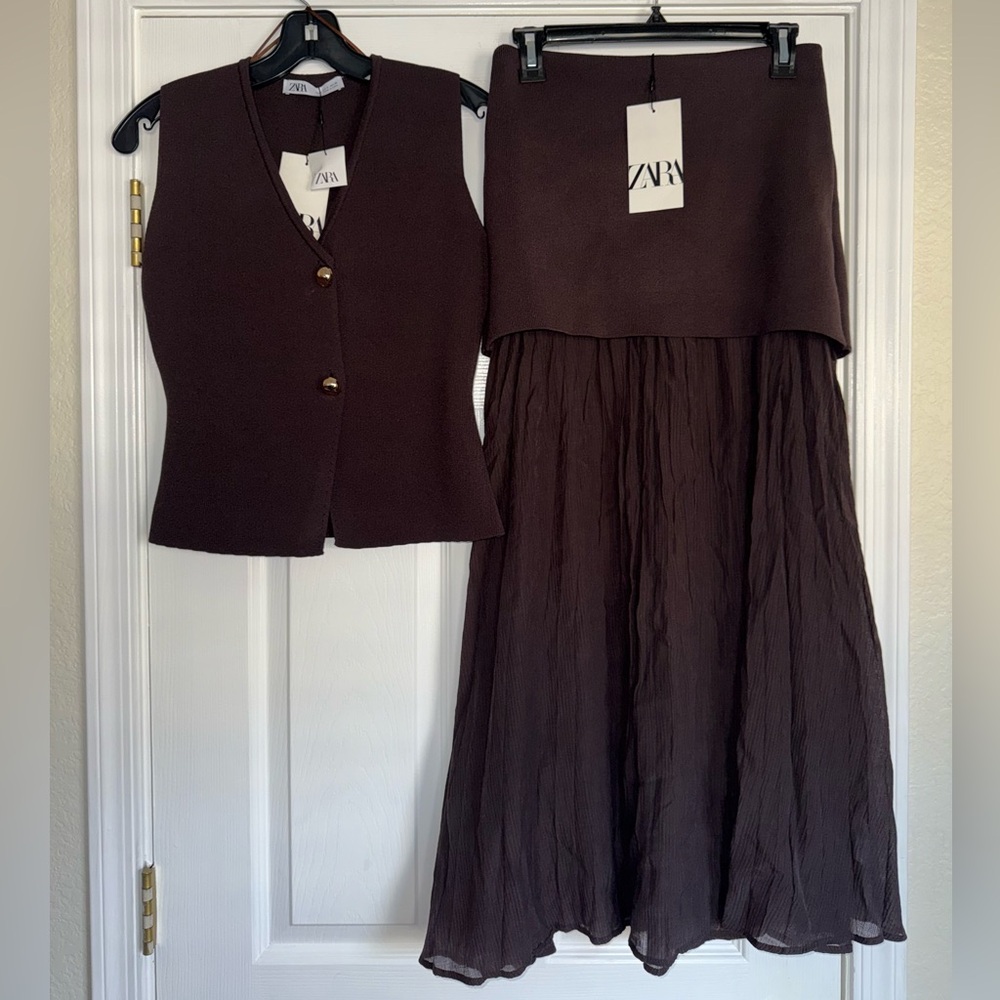 ZARA 2PC SET Brown Knit Gold Vest Top + Sheer Pleated Dress Skirt S Preppy Chic
